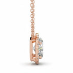 My Store 4 oval halo floating diamond pendant in rose gold, side profile view showing the bail-free setting.