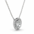 My Store 4 oval halo floating diamond pendant necklace in white gold with a delicate cable chain on a white background.