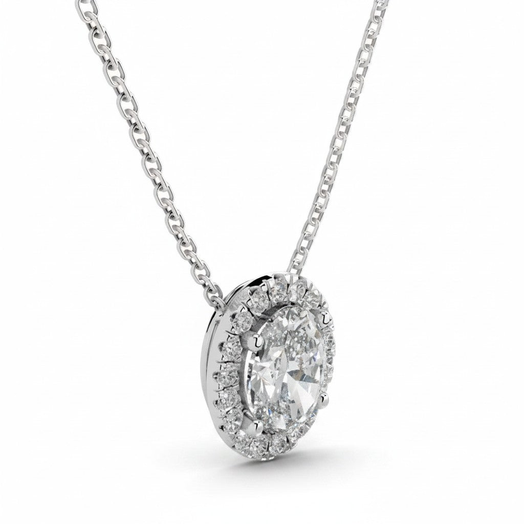 My Store 4 oval halo floating diamond pendant necklace in white gold with a delicate cable chain on a white background.