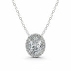 My Store 4 oval halo diamond pendant necklace in white gold with a delicate cable chain on a white background.