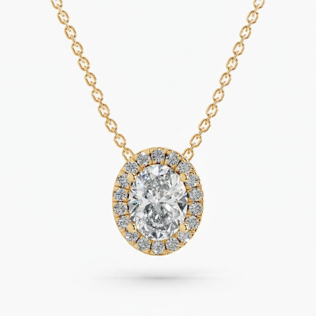 My Store 4 oval halo floating diamond pendant necklace in 18K yellow gold with a delicate cable chain.