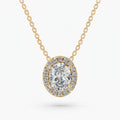My Store 4 oval halo floating diamond pendant necklace in 18K yellow gold with a delicate cable chain.
