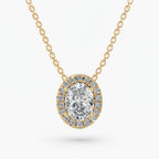 My Store 4 oval halo floating diamond pendant necklace in 18K yellow gold with a delicate cable chain.