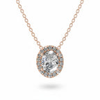 My Store 4 oval halo diamond pendant necklace in rose gold with a delicate cable chain and micro-pave setting.