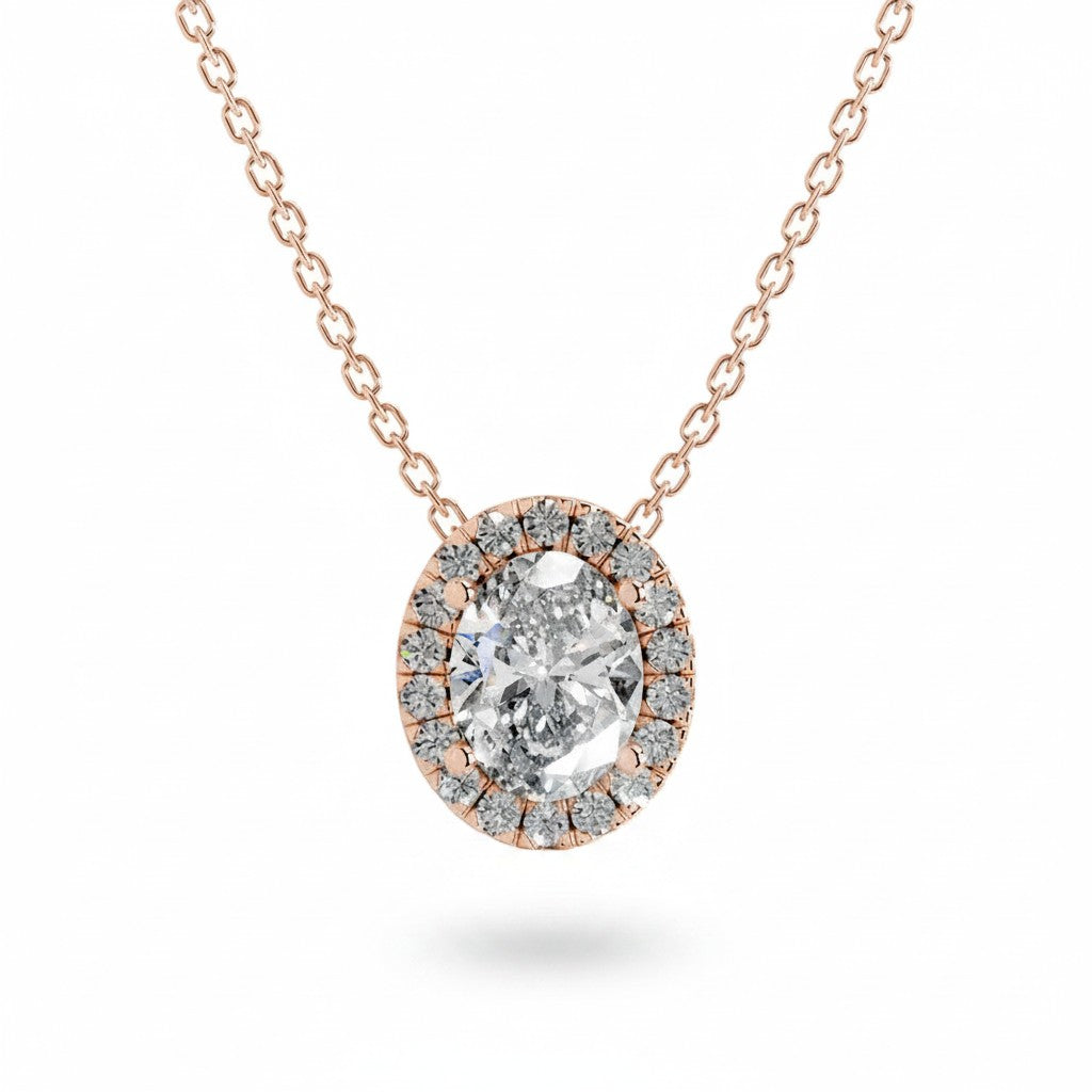 My Store 4 oval halo diamond pendant necklace in rose gold with a delicate cable chain and micro-pave setting.