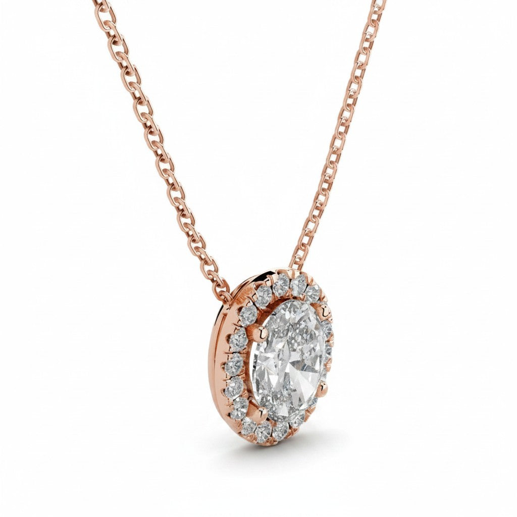 My Store 4 oval halo floating diamond pendant necklace in rose gold with a delicate cable chain on a white background.