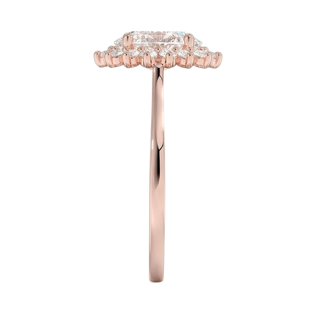 My Store 4 18K solid gold oval halo diamond ring set viewed from the side, showcasing the vintage-inspired setting.