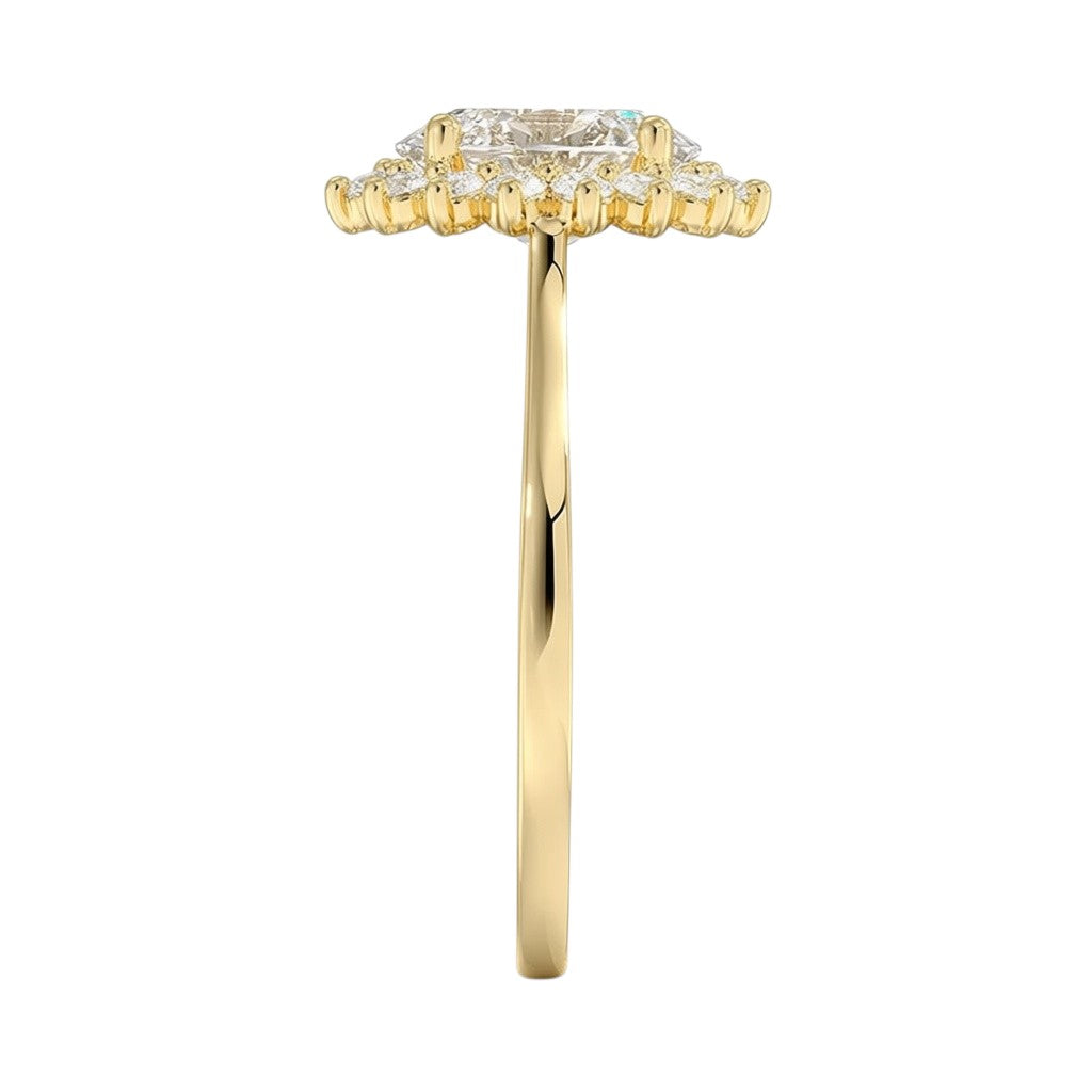 My Store 4 18K solid gold oval halo diamond ring set viewed from the side, showcasing the vintage-inspired setting.