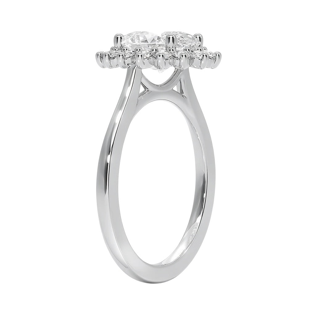 My Store 4 18K solid gold oval halo diamond ring set viewed from the side showcasing the vintage-inspired setting
