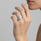 My Store 4 18K solid gold halo engagement ring featuring a sparkling oval lab-grown diamond on a woman's finger