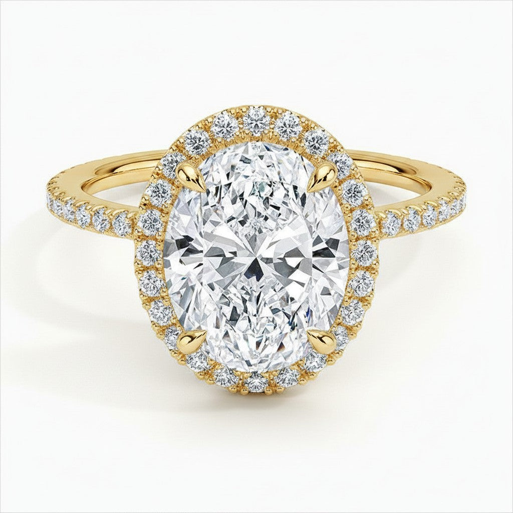 My Store 4 18K solid gold oval halo engagement ring with pavé lab-grown diamonds on a white background