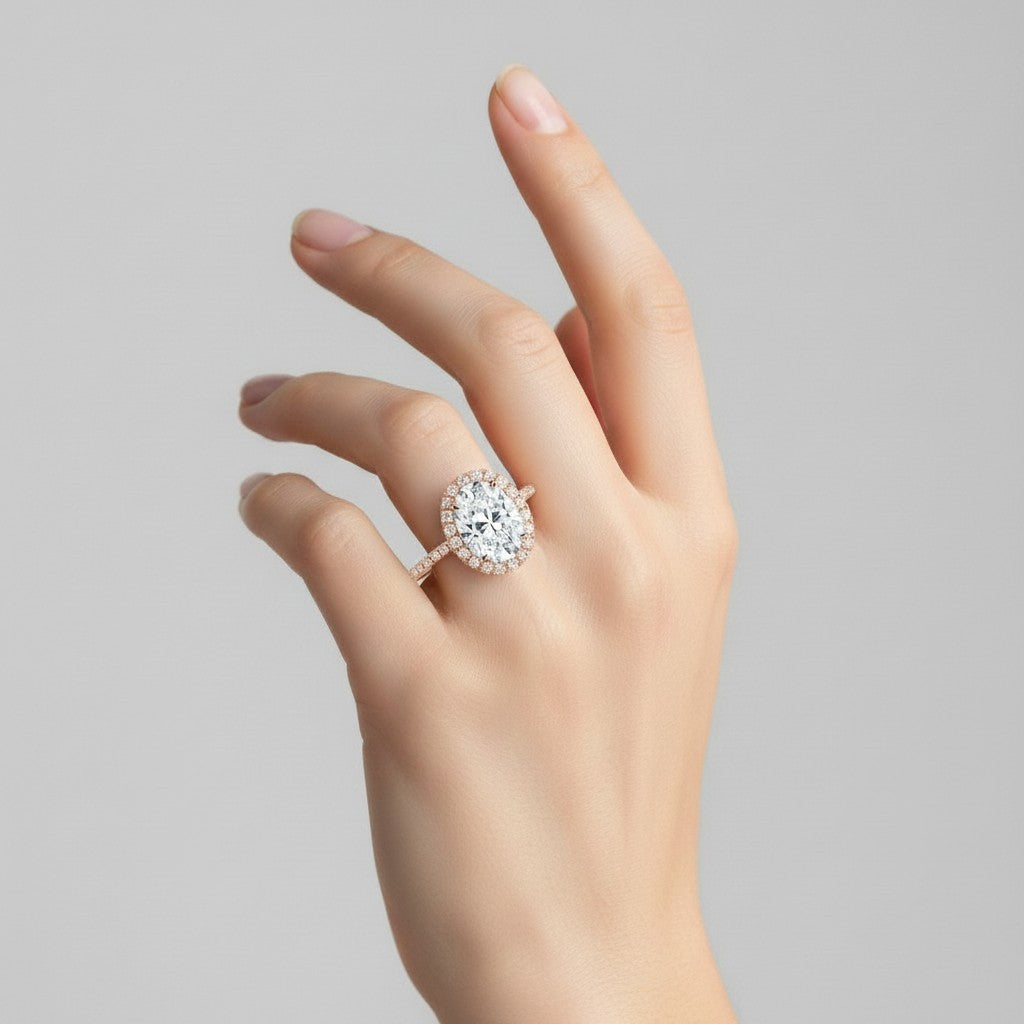 My Store 4 18K solid gold oval halo lab diamond engagement ring with pavé band worn on a woman's hand