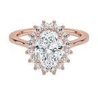My Store 4 18K rose gold oval halo diamond ring set featuring a brilliant oval-cut center stone and vintage design.