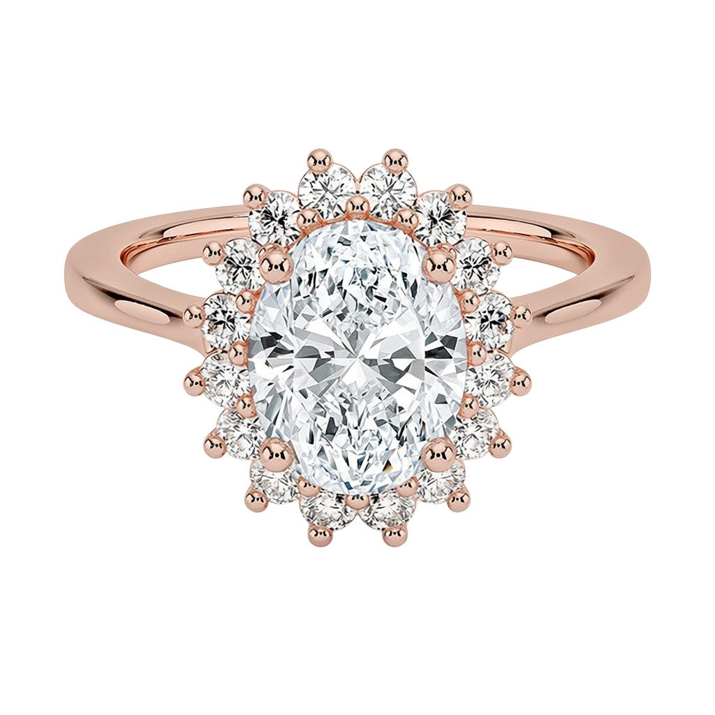 My Store 4 18K rose gold oval halo diamond ring set featuring a brilliant oval-cut center stone and vintage design.