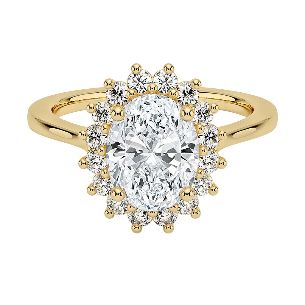My Store 4 18K solid gold oval diamond ring with a vintage halo setting and sparkling round accent stones.