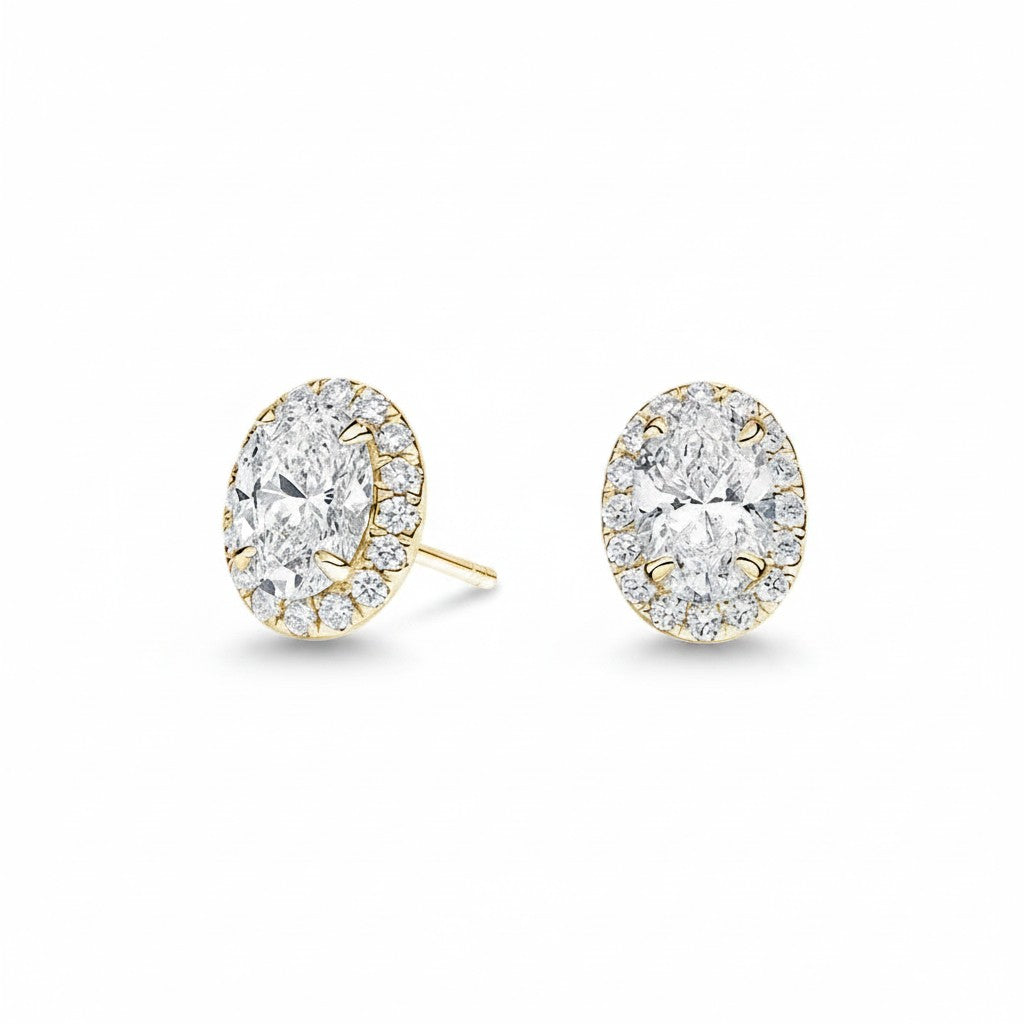 My Store 4 18K solid gold oval halo stud earrings featuring 1.5 carat lab-grown diamonds with a brilliant sparkle.