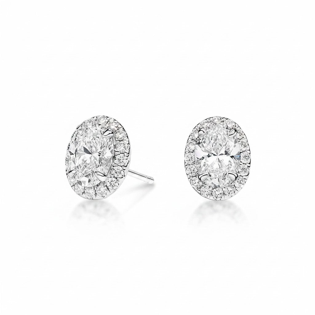 My Store 4 18K solid gold oval halo stud earrings featuring 1.5 carat lab-grown diamonds on a white background.