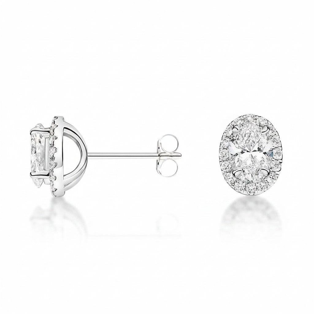 My Store 4 18K solid gold oval halo stud earrings featuring 1.5 carat lab-grown diamonds with a polished finish.