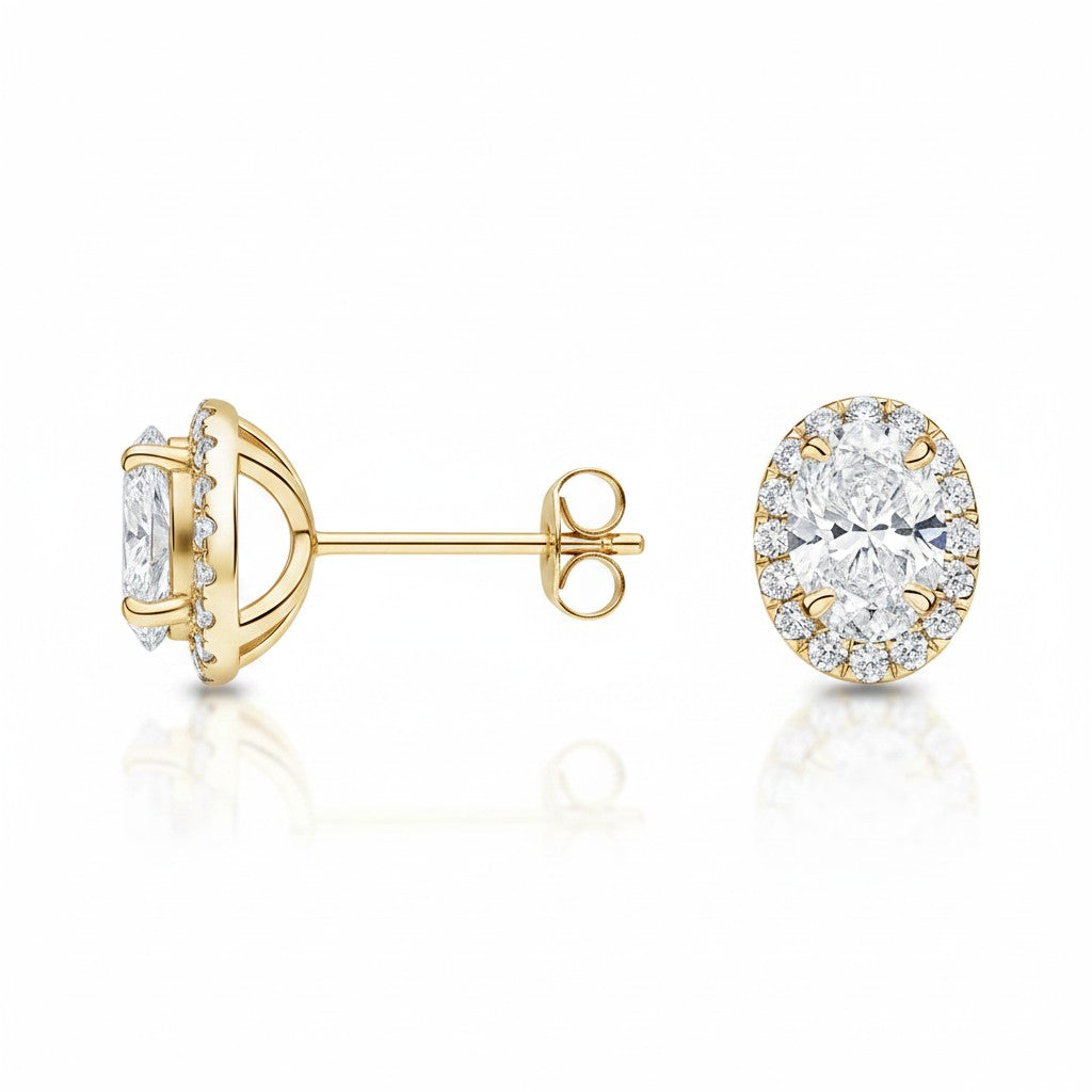 My Store 4 18K solid gold oval halo stud earrings featuring 1.5 carat lab-grown diamonds with a polished finish.