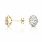 My Store 4 18K solid gold oval halo stud earrings featuring 1.5 carat lab-grown diamonds with a polished finish.