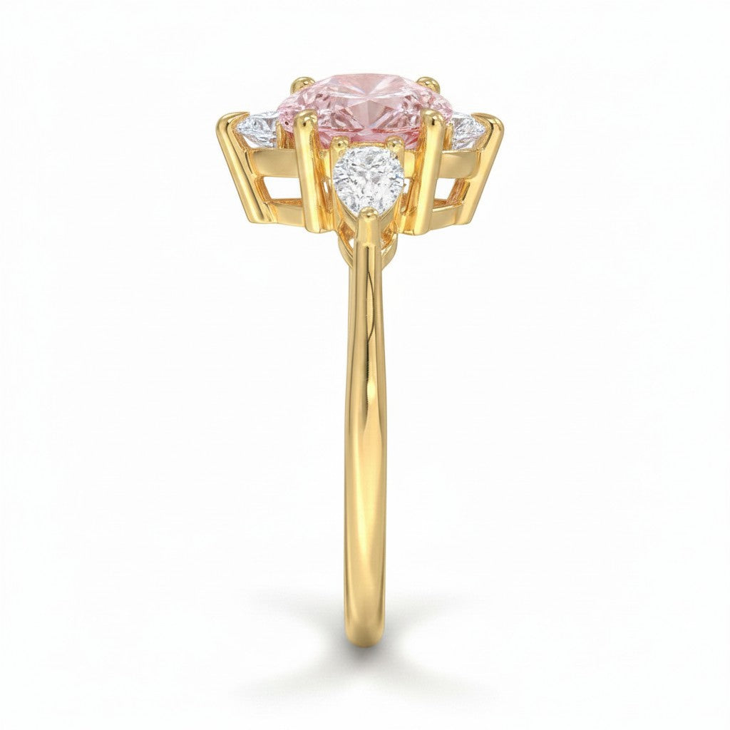 My Store 4 18K gold ring featuring an oval fancy color diamond with heart-cut side stones in a side profile view.