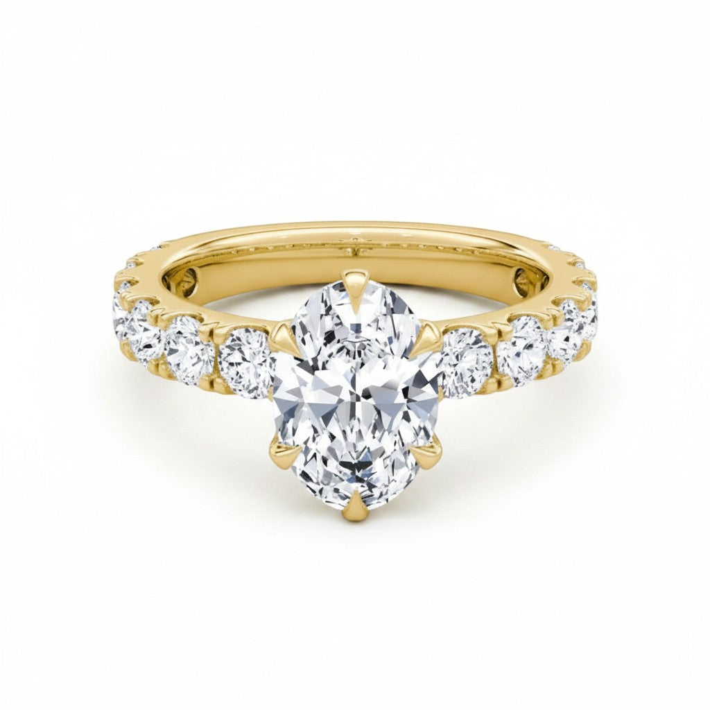 My Store 4 18K solid gold oval lab diamond engagement ring set with a pavé band on a white background.
