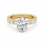 My Store 4 18K solid gold oval lab diamond engagement ring set with a pavé band on a white background.