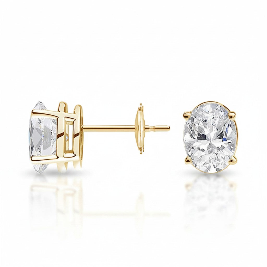 My Store 4 18K solid gold stud earrings featuring 2 carat oval-cut lab-grown diamonds with a polished gold setting.
