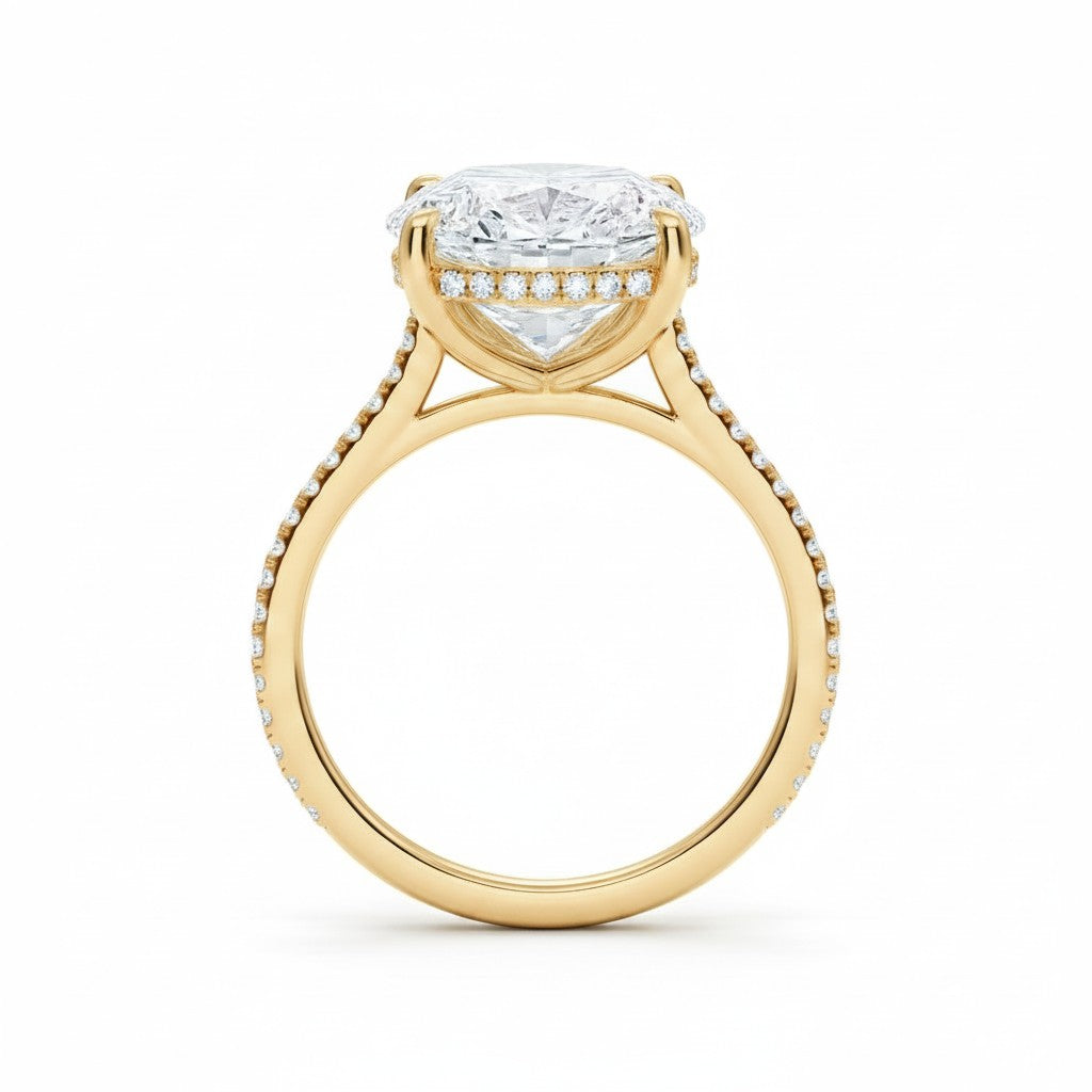 My Store 4 18K solid gold engagement ring featuring a 4 carat oval lab-grown diamond with a hidden halo and pavé band.