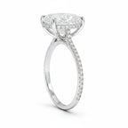 My Store 4 18K solid gold engagement ring with a 4 carat oval lab-grown diamond, hidden halo, and 3/4 pavé setting.