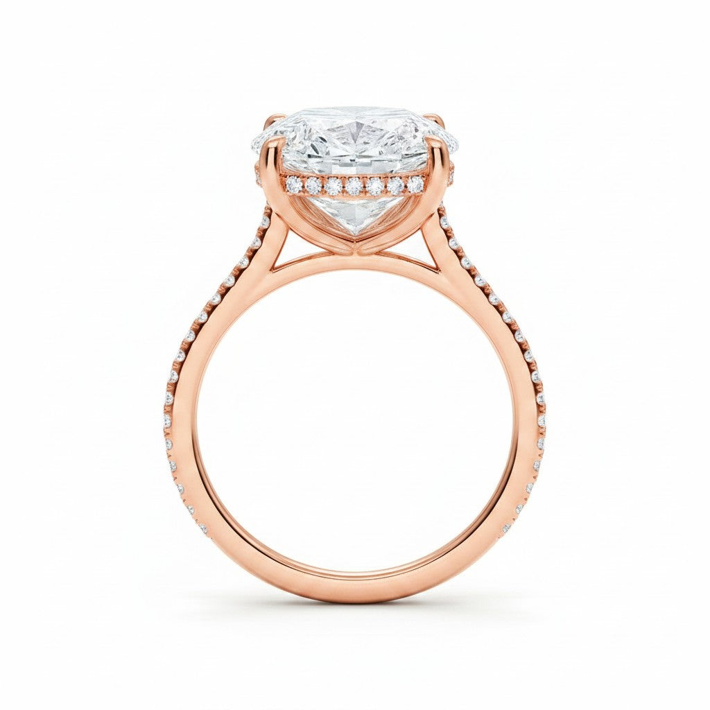 My Store 4 18K rose gold engagement ring with a 4 carat oval lab-grown diamond, hidden halo, and pavé band.