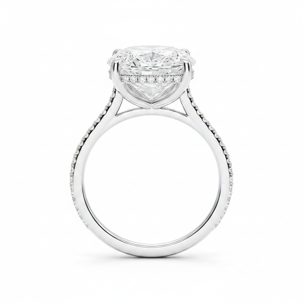My Store 4 18K solid gold engagement ring featuring a 4 carat oval lab-grown diamond with a hidden halo and pavé band.