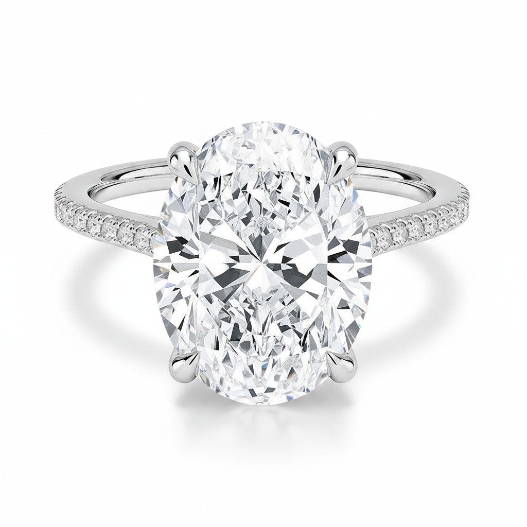 My Store 4 18K solid gold engagement ring featuring a 4 carat oval lab-grown diamond with a hidden halo and pavé band.
