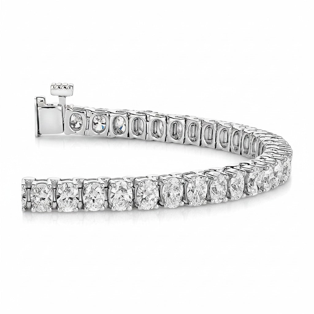 My Store 4 18K solid gold tennis bracelet featuring 8 carats of oval lab-grown diamonds in a secure clasp setting.