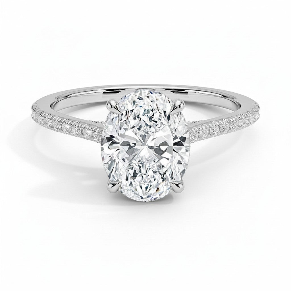 My Store 4 18K white gold engagement ring with a 2ct oval lab-grown diamond, cathedral setting, and pavé band.