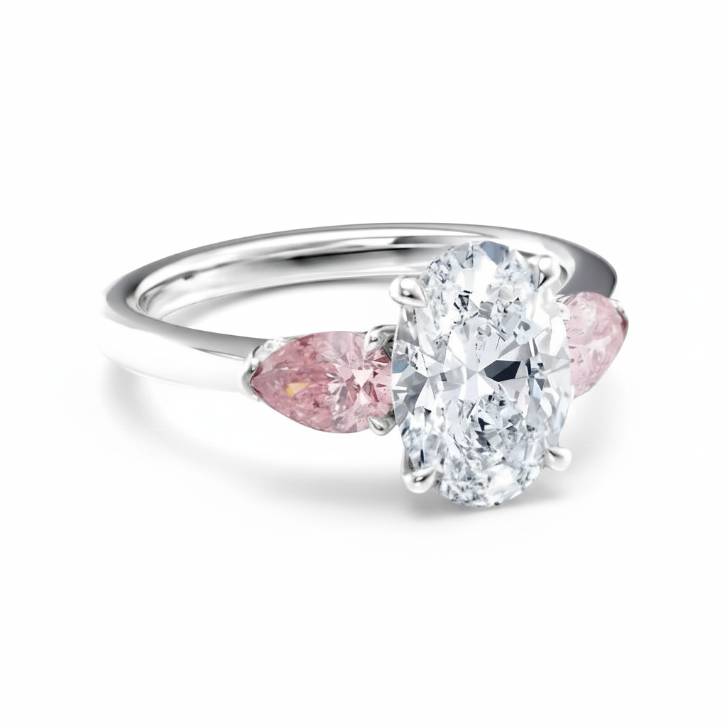 My Store 4 18K solid gold trilogy ring featuring a central oval diamond flanked by two pear-cut pink diamonds.