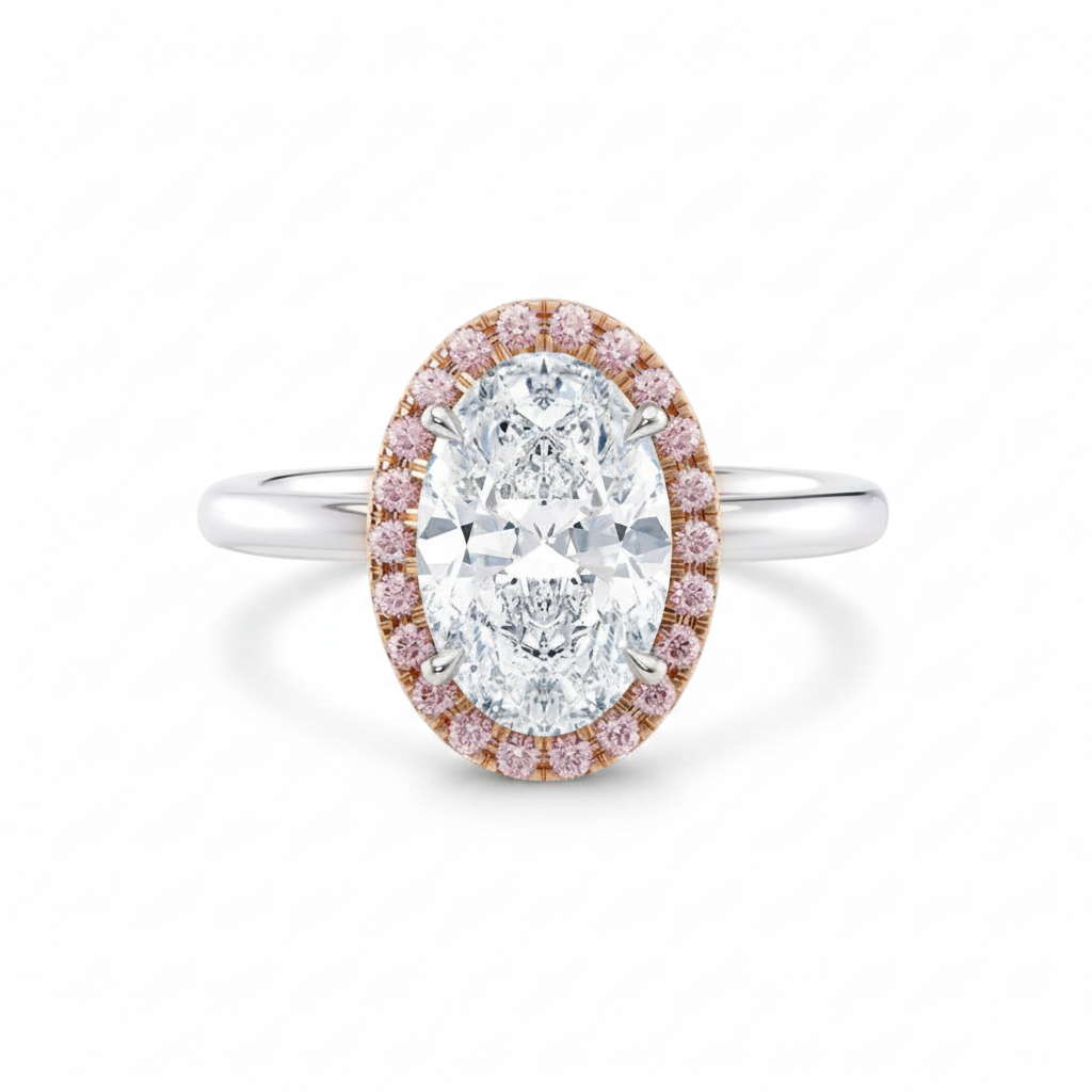 My Store 4 18K solid gold ring featuring an oval-cut lab-grown diamond with a fancy pink pavé halo setting.