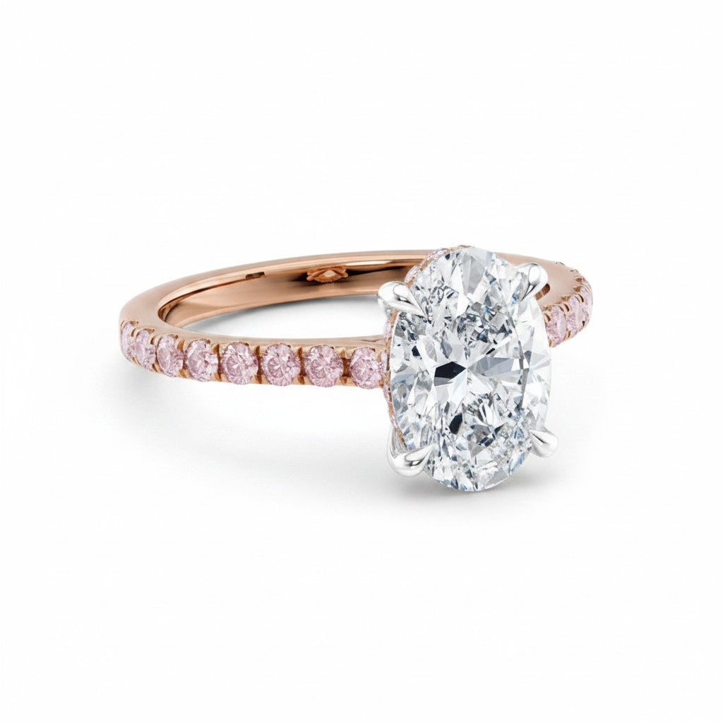 My Store 4 18K rose gold ring featuring a central oval diamond with a pink pavé diamond band