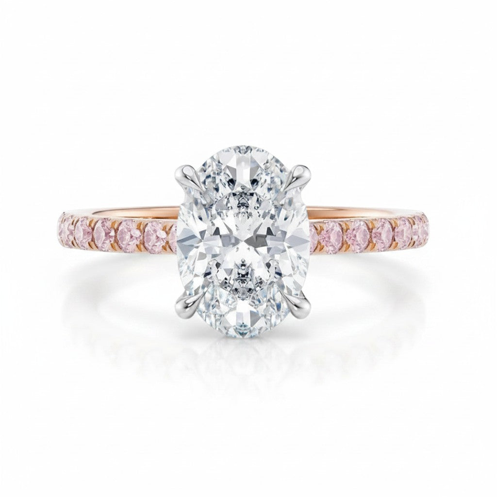 My Store 4 18K solid gold ring featuring a central oval diamond with a pink pavé diamond band