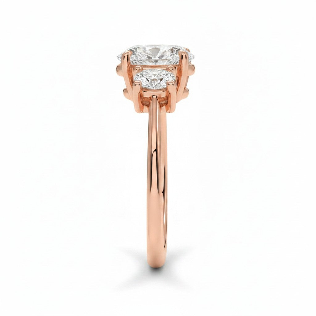 My Store 4 18K solid gold trilogy engagement ring featuring a central oval lab diamond with oval side stones