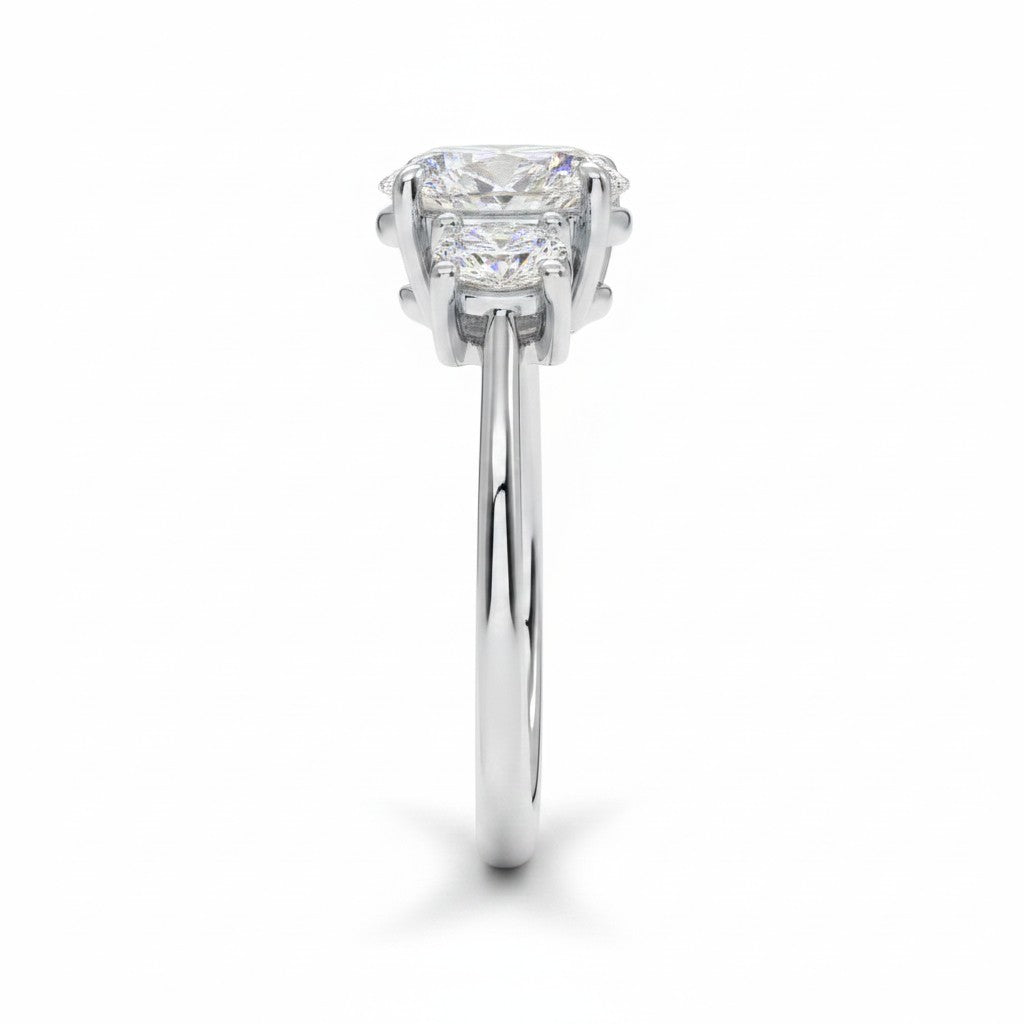 My Store 4 18K solid gold trilogy engagement ring featuring an oval-cut lab-grown diamond with oval side stones