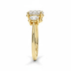 My Store 4 18K solid gold trilogy engagement ring featuring an oval-cut lab diamond with oval side stones, side view.