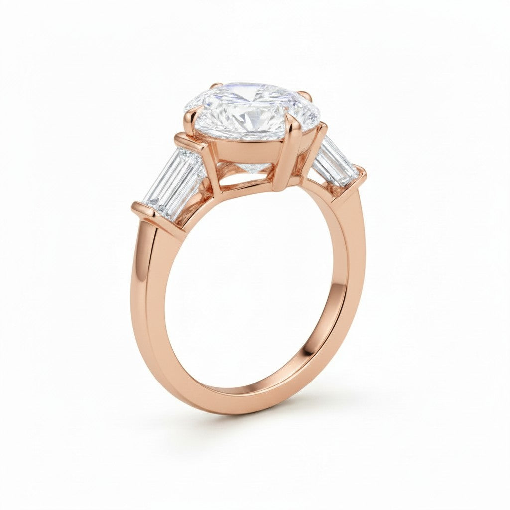 My Store 4 pear cut engagement ring with tapered baguette side diamonds in polished rose gold