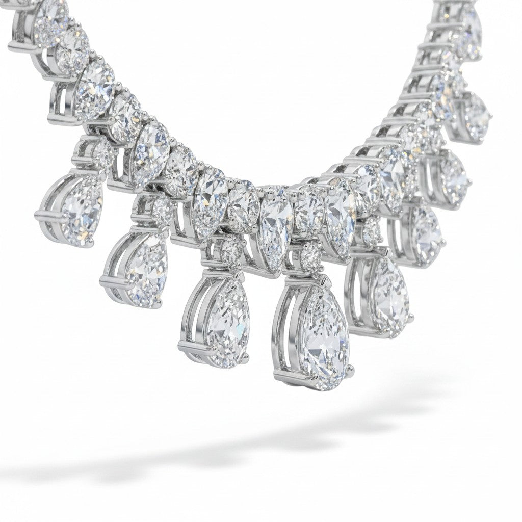 My Store 4 Vivienne pear cut diamond fringe tennis necklace in white gold with cascading drop stones.