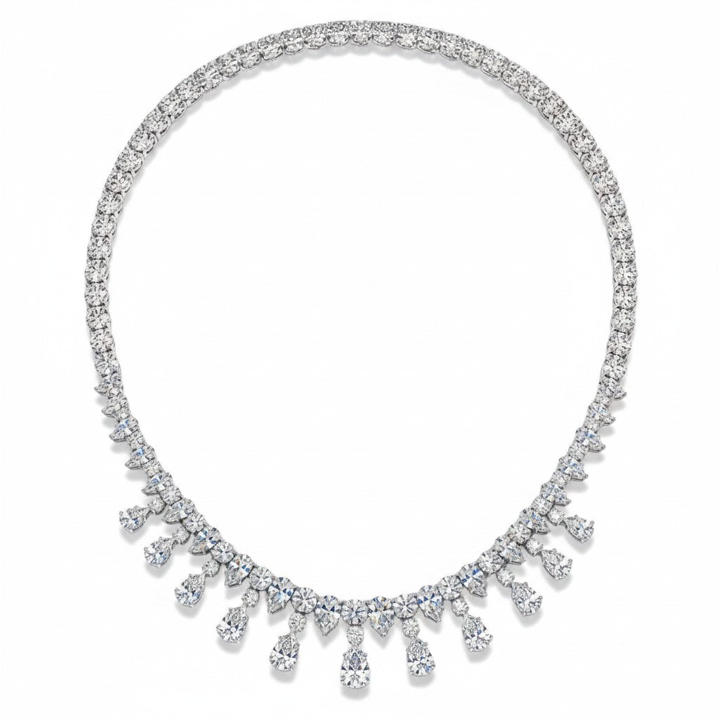 My Store 4 Vivienne diamond tennis necklace with a cascading fringe of pear-cut diamond drops in white gold.