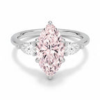 My Store 4 18K solid gold three-stone engagement ring featuring a large pear-cut pink lab-grown diamond centerpiece.