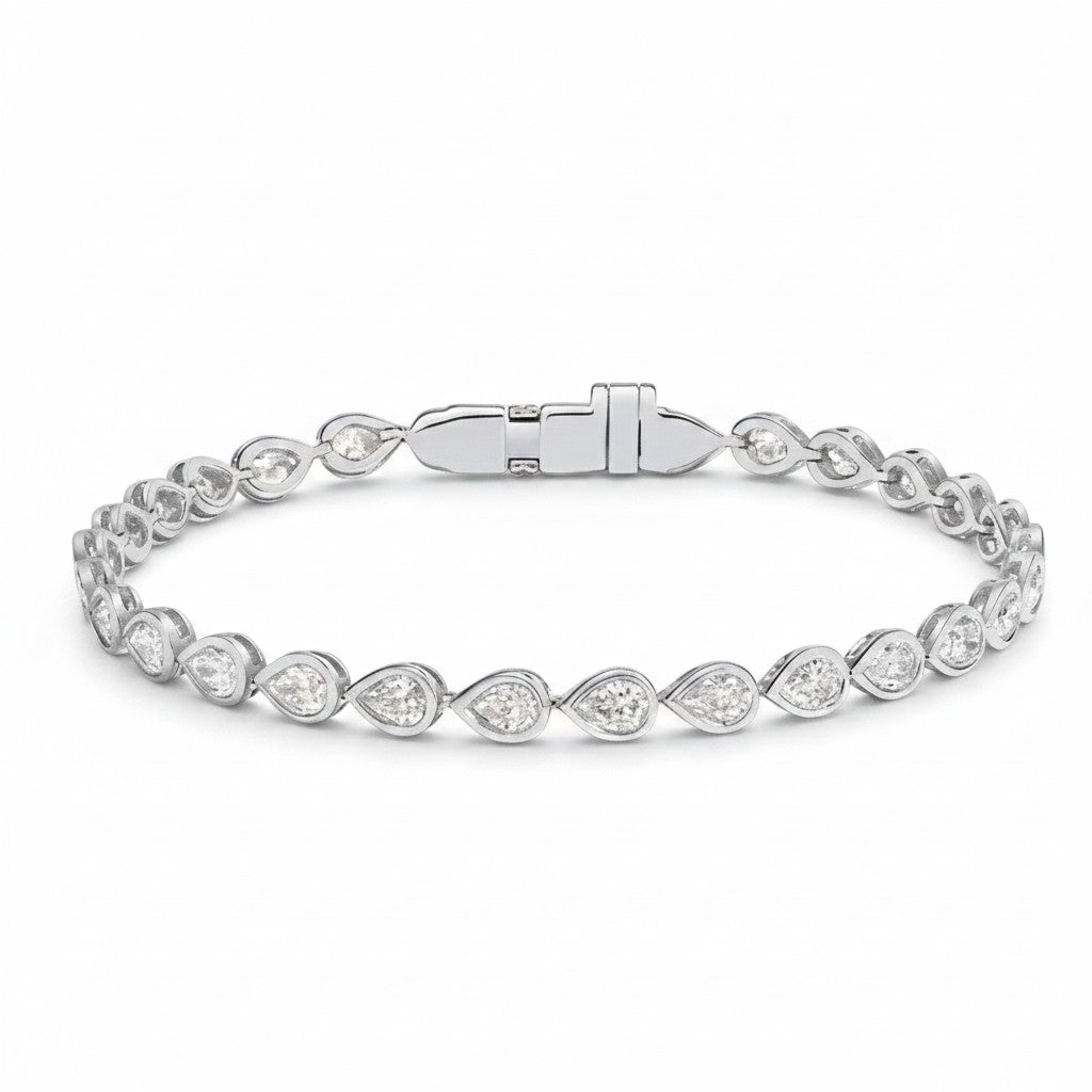 My Store 4 pear cut diamond tennis bracelet in white gold with a secure bezel setting and integrated box clasp.