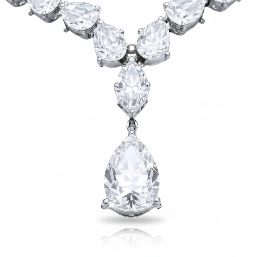 My Store 4 graduated pear diamond tennis necklace with a central teardrop pendant set in polished white gold.