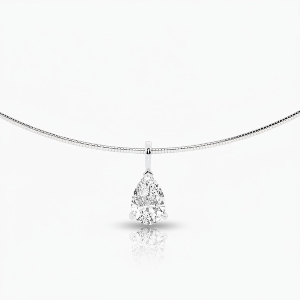 My Store 4 pear-cut diamond pendant on a sleek white gold omega chain choker necklace with a polished slider bail.