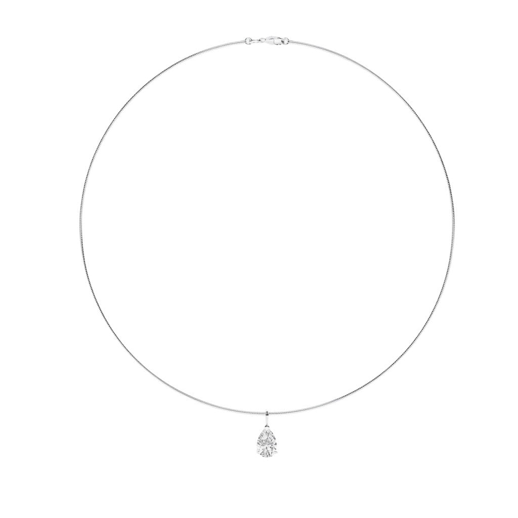 My Store 4 pear-cut diamond pendant on a sleek, structured white gold omega choker necklace.